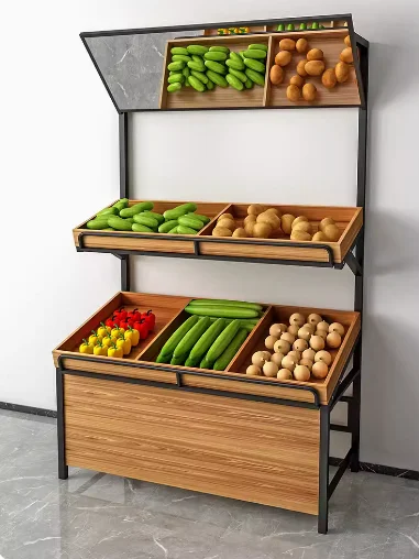 

Fresh supermarket fruit shelf display rack, vegetable rack, fruit store fruit frame, steel and wood fruit and vegetable storage