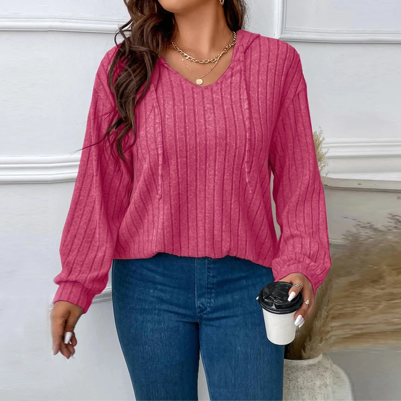 

Solid Large Women's Top 2023 Autumn/Winter New V-Neck Hooded Long Sleeve Pit Striped Brushed Loose T-shirt