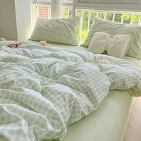 Green Nordic Bedding Set Ins Plaid Girls Boys Double Queen Size Duvet Cover Flat Sheet Pillowcase New No Filler Bed Linens 2