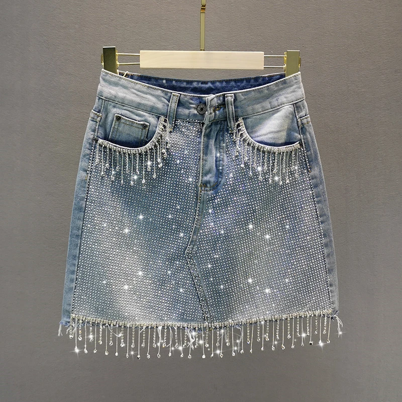 

2022 Shine Beading Tassel Denim Women Skirts Summer Sexy Club Style Straight Mini Casual Female Clothing Top Quality