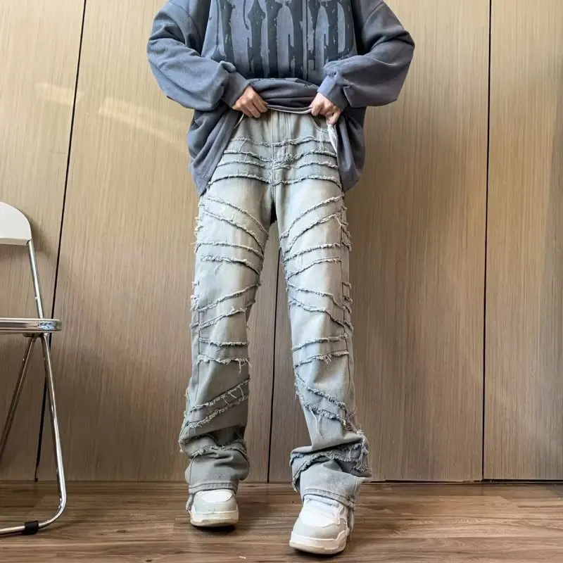 

2023 Y2K Streetwear Washed Blue Baggy Stacked Jeans Pants For Men Clothing Straight Old Hip Hop Denim Trousers Pantalones Hombre