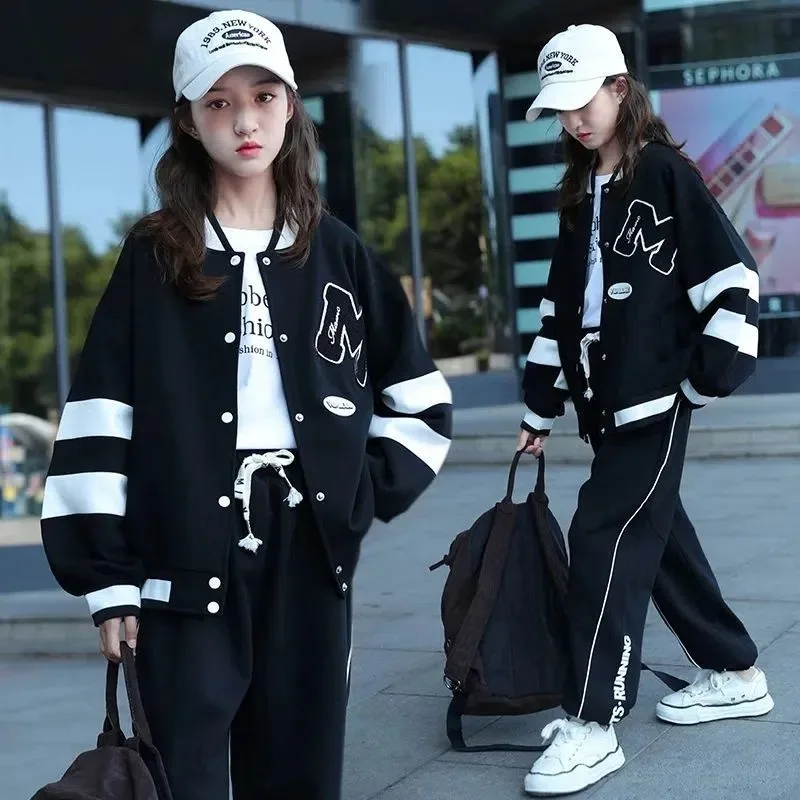 

2023 Spring Children Tracksuit Teen Girls Baseball Uniform Suits Sports Jackets +Pants 2Pcs Outfits Korean Style JK Loungewear