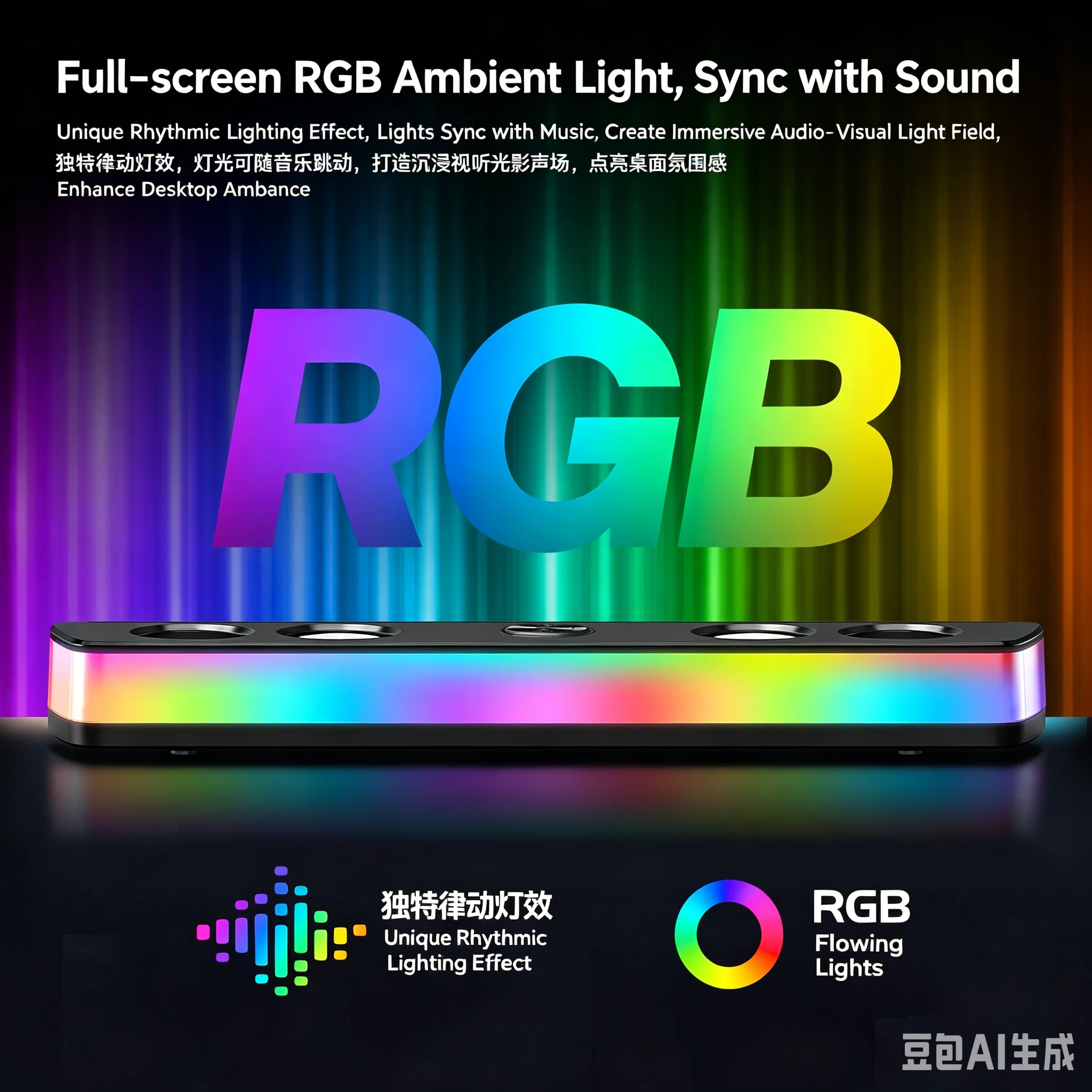 BT535 무선 사운드바 블루투스 스피커 2200mAh RGB 전체 화면 조명 지원 TF USB AUX PC 노트북 게임용 내장 마이크