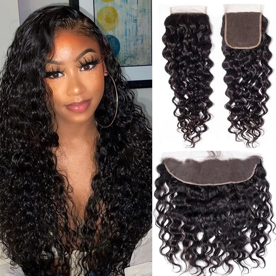 Frontale in pizzo 13x4 Water Wave, chiusura in capelli umani con onda naturale, HD, trasparente, solo frontale. - immagine 2