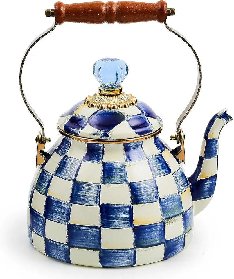 Elegant Blue and White Enamel Tea Kettle