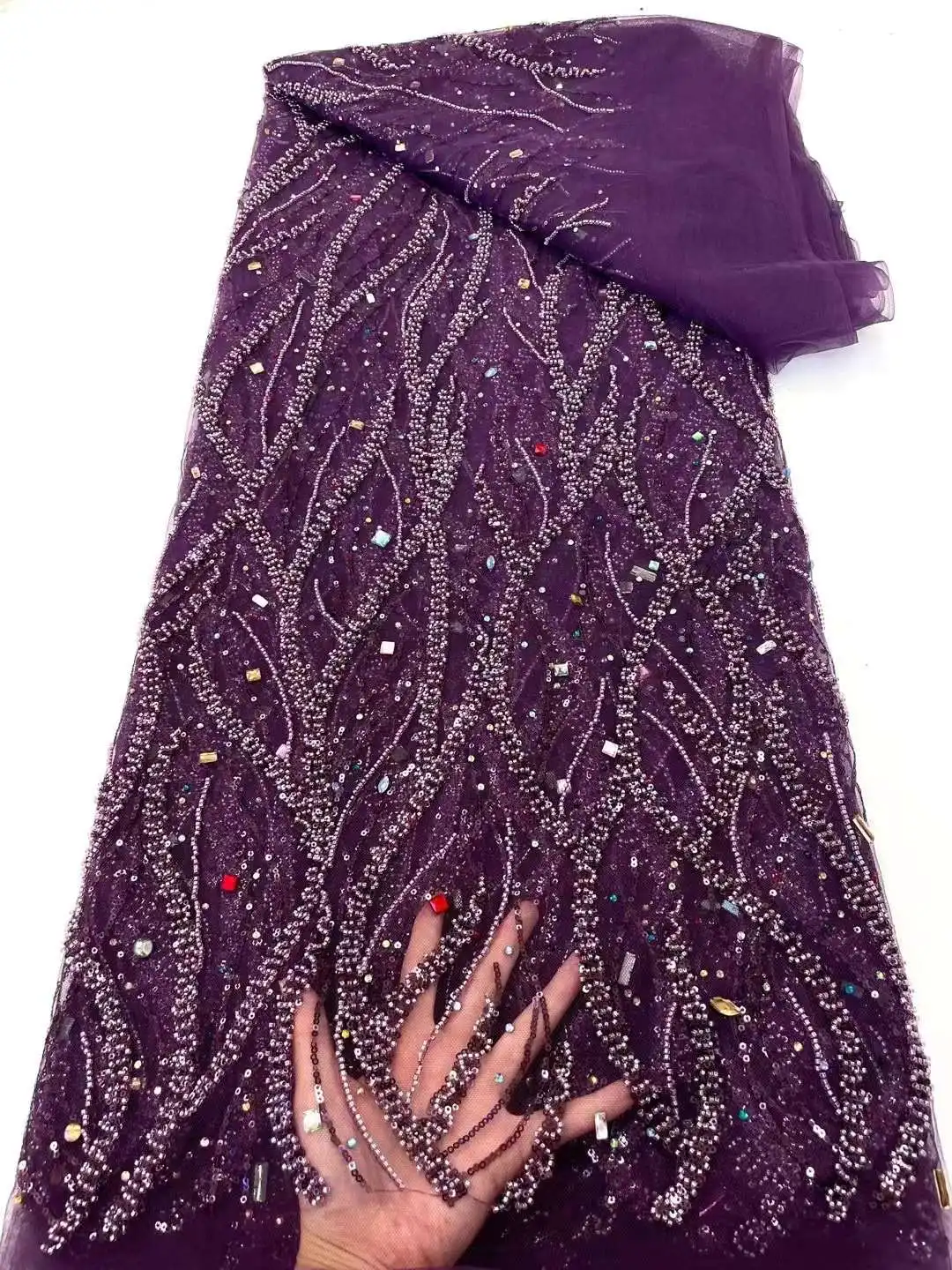 

Latest Gorgeous Purple African Handmade Beads Laces Fabrics Luxury Stones Nigerian Sequins Mesh Lace Fabric For Party Dress Sew