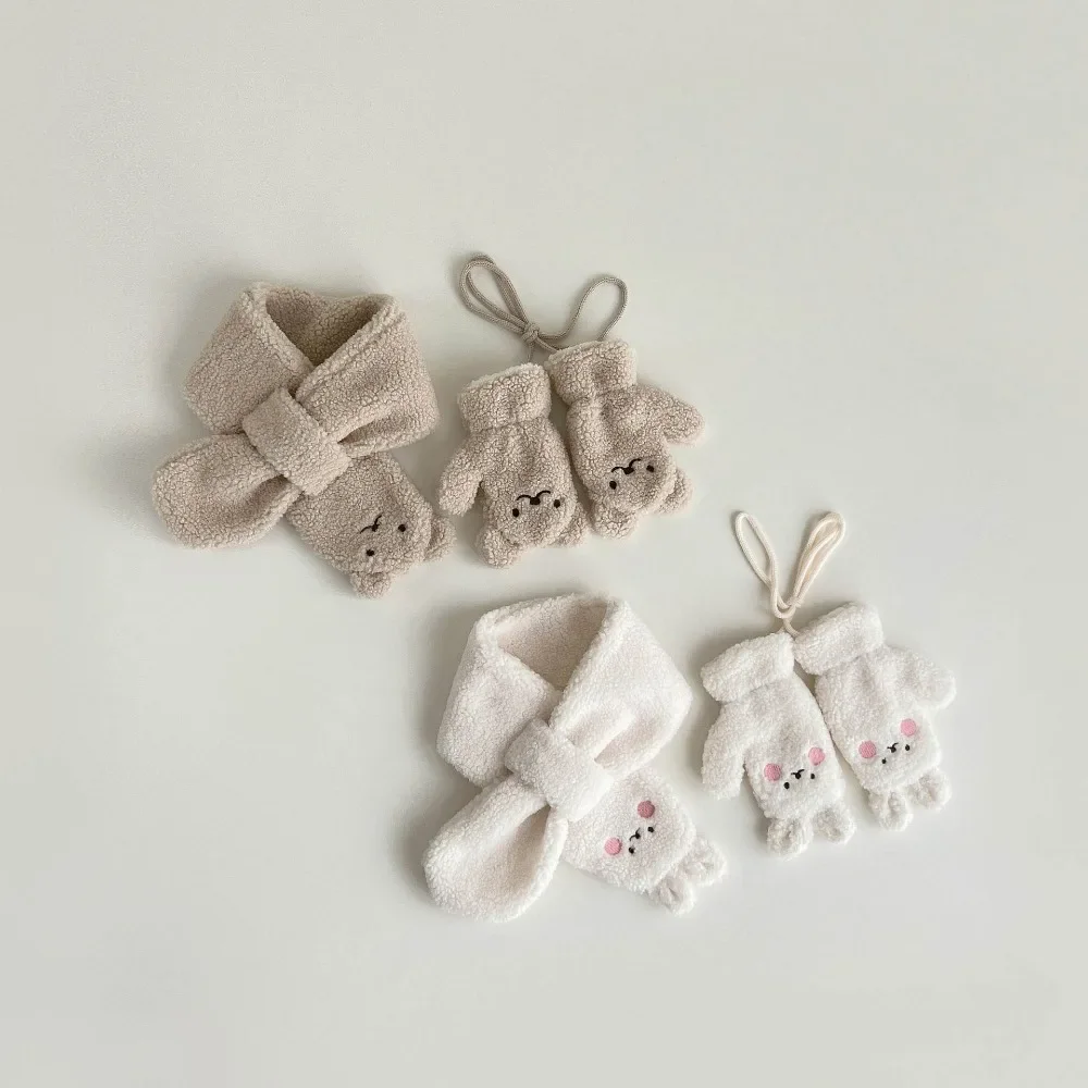 Baby Winter Scarf Gloves Set 1/2 PCS Lamb Wool Kids Scarves Mittens Suit for Girls Boys Bear Bunny Children Gloves Neck Warmer