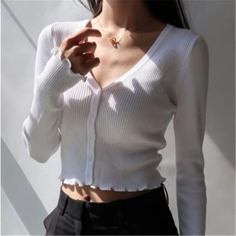 

Sexy Knitted Cardigan V Neck Naked Navel Crop Tops Chic Fungus Hem Shirt Women's Spring and Summer Korean Versatile Y2k Sweater