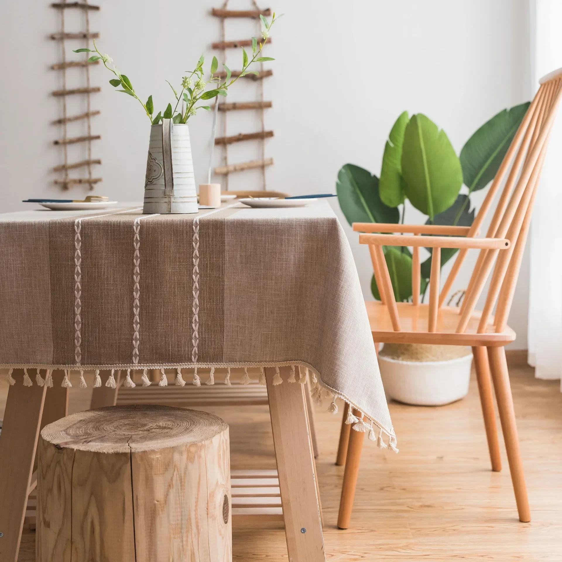 

Japanese Rectangle Striped Tassel Tablecloth Cotton Linen Fabric Stitching Design Table Cloth Decor for Indoor Outdoor Home Room