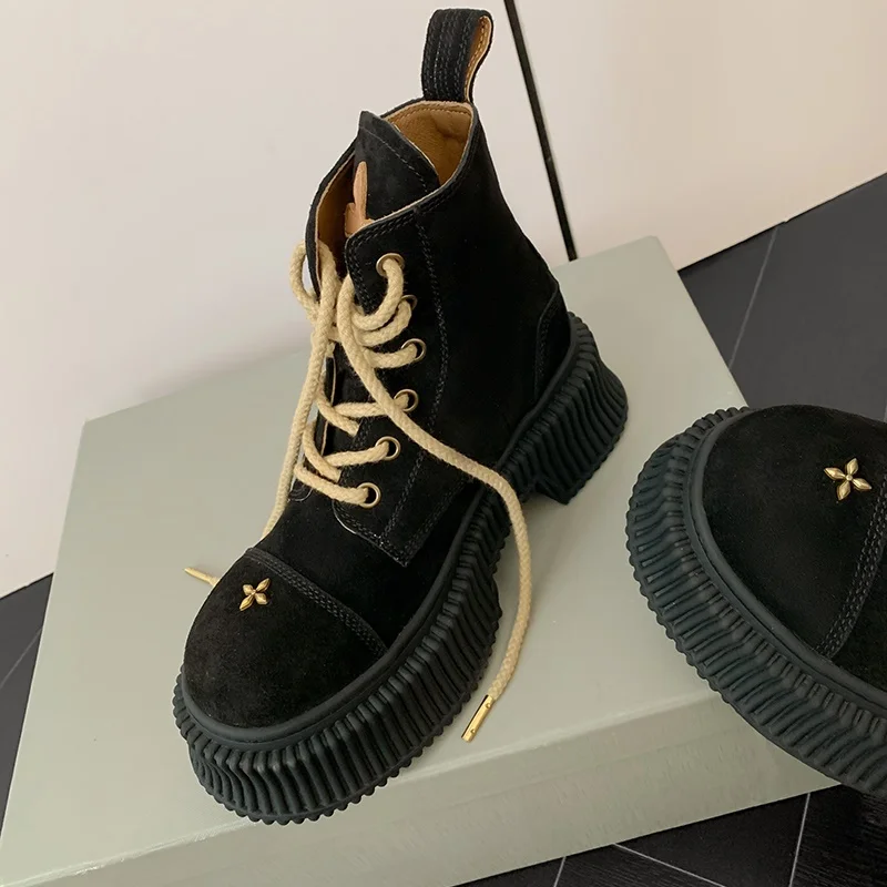 

punk style lace-up women shoes thick platform wedge ankle boots black suede leather woman creeper strap shoes female booties