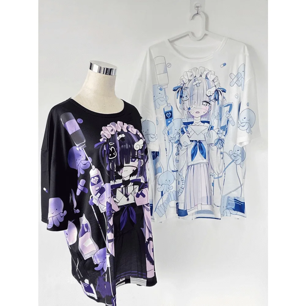 2026 Neues Dunkles Harajuku-Style Mädchen-Print-T-Shirt für Erwachsene im Anime-Stil, locker geschnitten, Übergröße, Kurzarm, süßes Y2K Rollenspiel-Shirt für Kinder – Detail 5