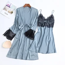 

Lace Satin Women Nighty&Robe Gown Sets V-Neck 2 PCS Bathrobe Sleepwear Spring Nightdress Kimono Lounge Sleep Nightgown Homewear