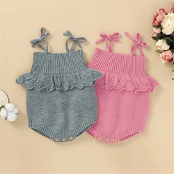 Barboteuse côtelée sans manches pour nouveau né fille, body une pièce à nouer, couleur unie 