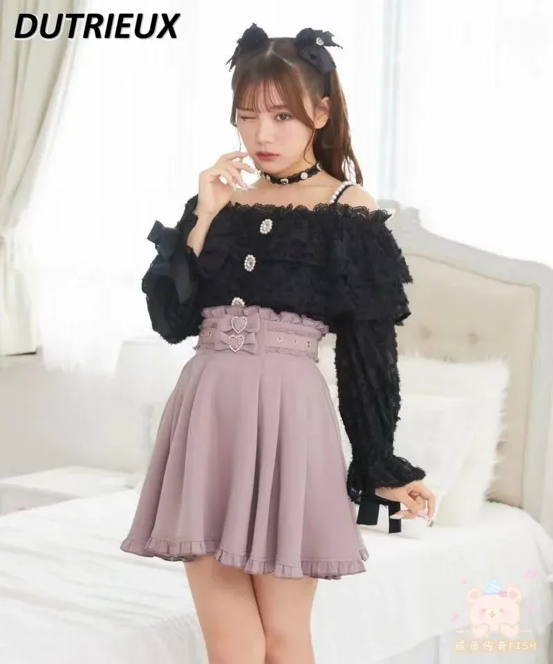 

Spring Autumn Women's Tops Japanese Style Rojita Shirt Pearl Suspender Bow Mass-Produced Sweet All-Matching Slash Neck Blouse