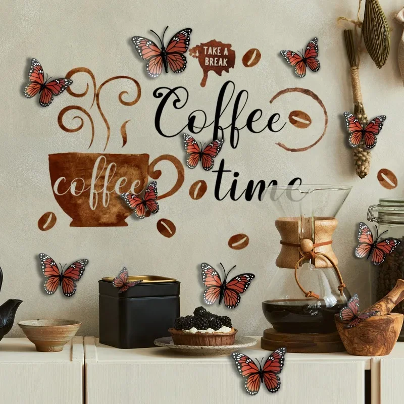 1pcs Coffee Time With 12 3D Butterflies Wall Sticker Removable PVC Waterproof Wall Decoration For Tea Room Restaurant Kitchen