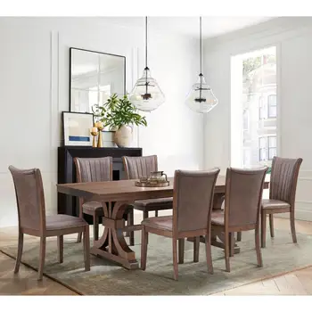 7-Piece Mid-Century Modern Dining Set, Oak Rectangular Table with 6 Faux Leather Chairs 1