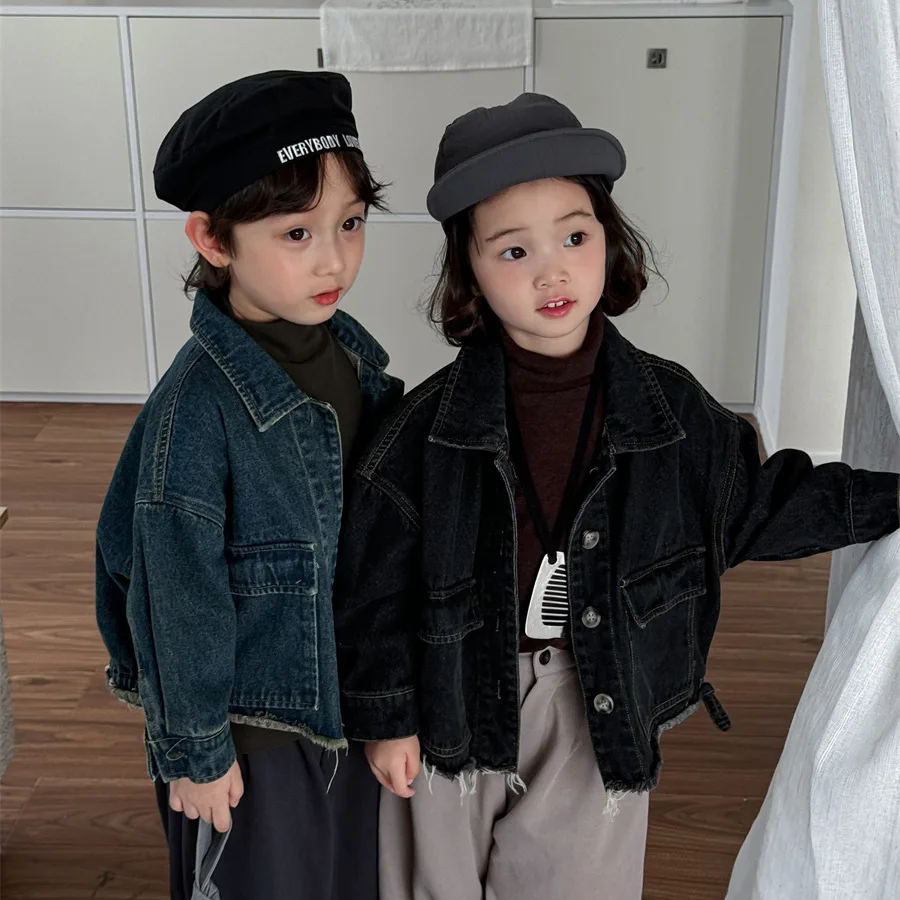 2025 가을 신상 프린지 데님 재킷 - 유니섹스 빈티지 바이커 코트, 로우 헴, 보헤미안 스타일 아우터웨어 (남아 및 여아용)