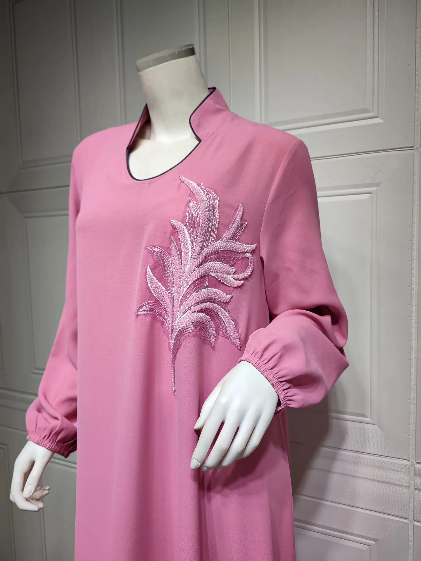 Elegant Long Maxi Dress Women Fashion Crew Neck Pleated Robe Appliques Asymmetric Hem Casual Loose Ladies Dresses Ramadan