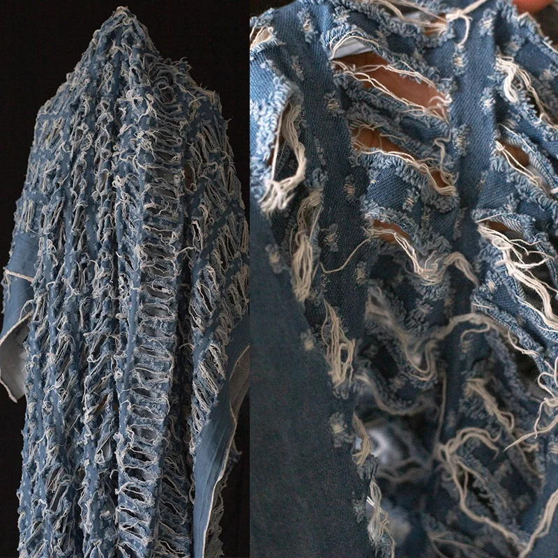 

Fabric Width 135cmx50cm Blue and White Ripped Texture Creative Denim Material Hollow Perspective Jacquard Tassel Diy Coat Dress