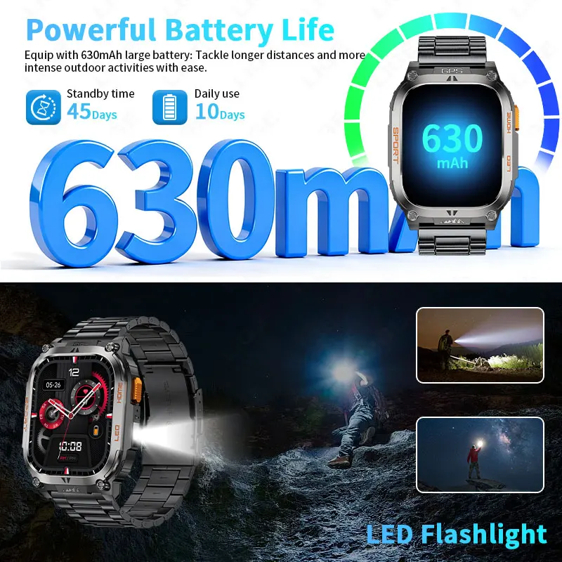 LIGE Outdoor Compass Military Men Sports Smart Watch Bluetooth Call Heart Rate Blood Oxygen Waterproof Flashlight Smart Bracelet