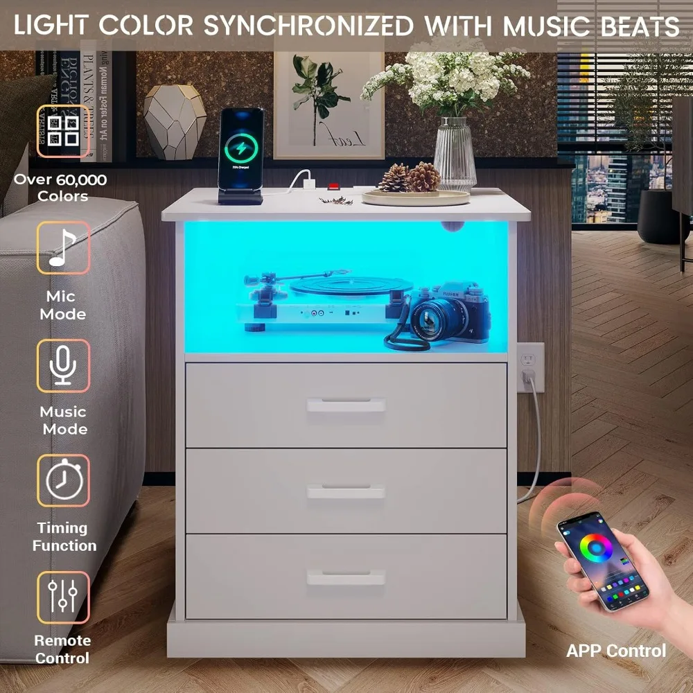 Nightstand with Charging Station and LED Lights, Large Bedside Table with 3 Storage Drawer, White Night Stand for Bedroom 4
