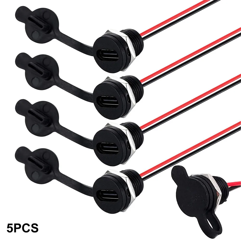 

5pcs Waterproof Type-C Female USB-C Mounting Connector With Nut Lock Plate For Car Stereos Players Wire Cable Connector