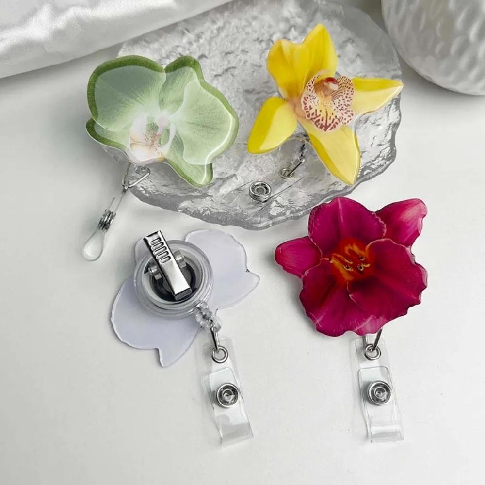 아크릴 수지 홀더 클립 난초 꽃 모양 내구성 있는 접이식 배지 홀더 접이식 디자인 ID 배지 릴 작업증
