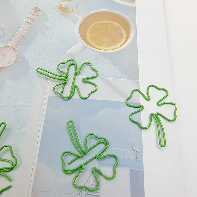 【W】50Pcs INS 스타일 녹색 네잎 클로버 종이 클립 스크랩북 장식 바인더 클립 미니 금속 북마크 사무실 책상 액세서리
