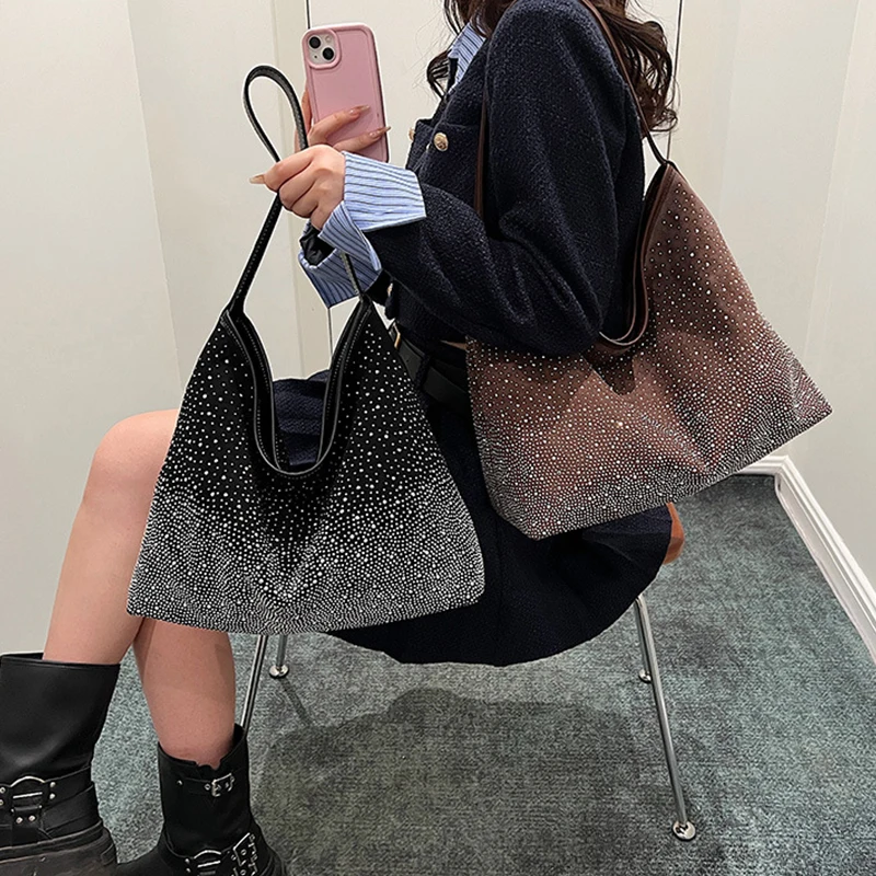 New Fashion Retro Design Tote Bag Shiny Rhinestone Shoulder Handbag Women Elegant Casual Large Capacity Underarm Purse