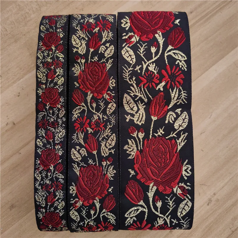 Golden Rose Flower Embroidered Jacquard Ribbon Trim, 10 Yards