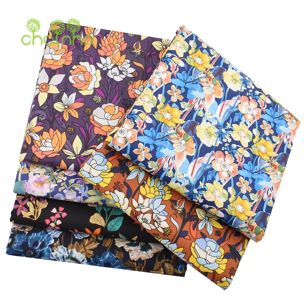 Chainho,Printed Plain Weave Poplin Cotton Fabric,DIY Quilting Sewing Material,Patchwork Cloth,Floral Series,3 Sizes,15PC26