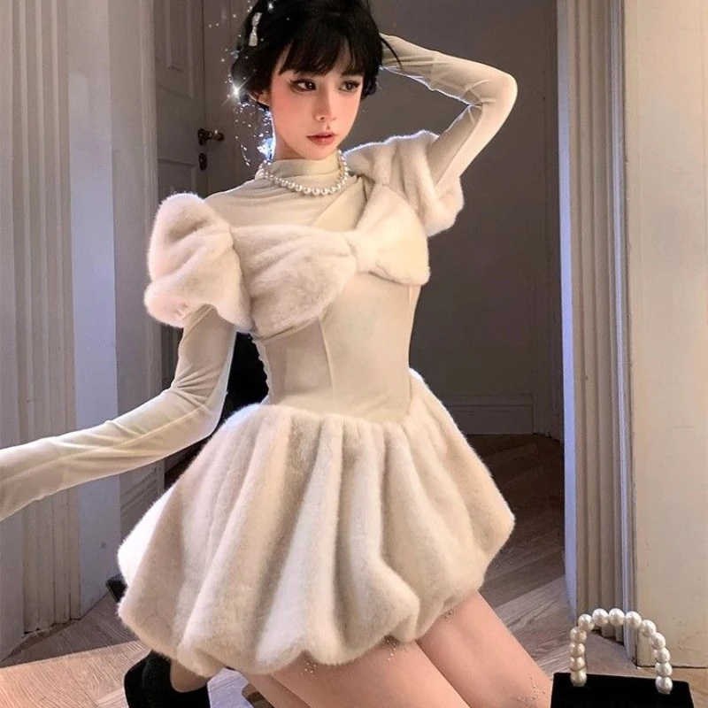 

Зимнее Милое трикотажное короткое платье, женское повседневное элегантное облегающее мини-платье с длинным рукавом Y2K, корейское модное белое платье, новинка 2024New