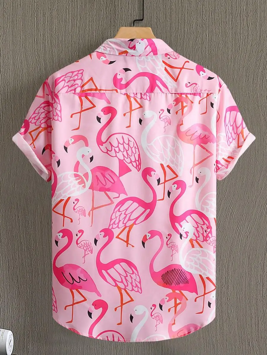 Men's Hawaiian Flamingo Print Shirt Button Down Short Sleeve Casual Shirt 3