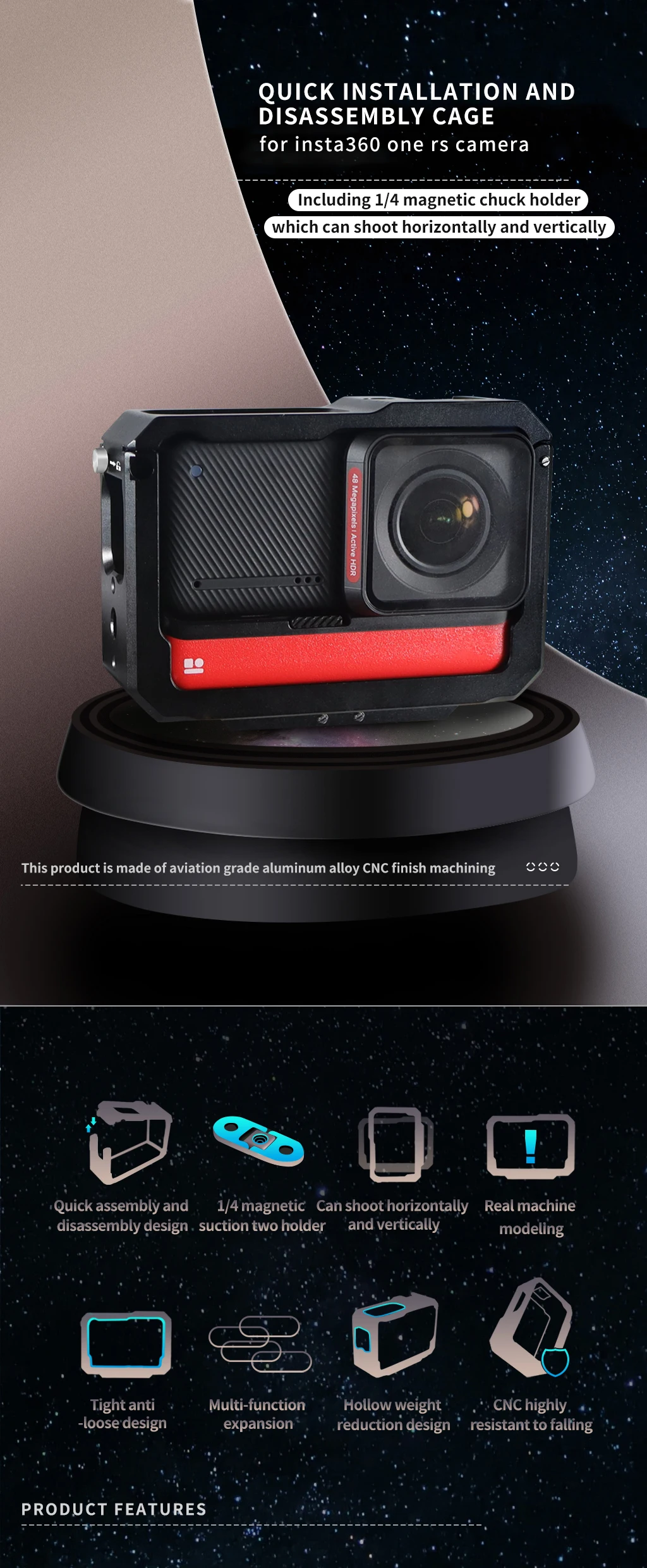 One RS R Cage Rig für Insta360 One RS R Kamerahalterung 1/4 Magnetfußadapter Cold Shoe Mount 360 1 Zoll 4K Panoramic Edition – Detail 1