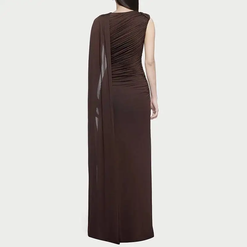 فستان نسائي ضيق غير متماثل بلون سادة مكشكش بدون أك...