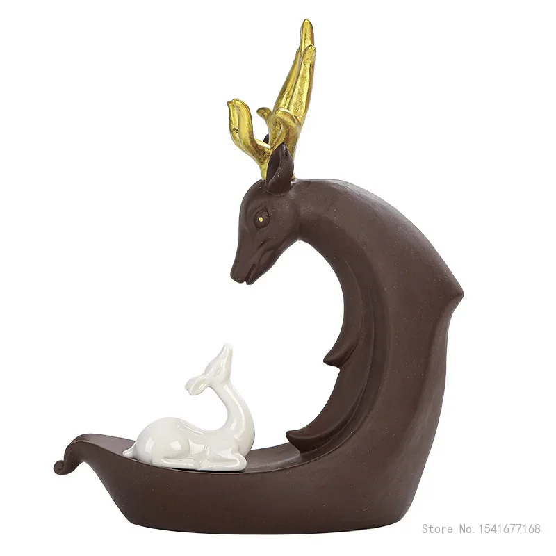 Zisha Backflow Incense Burner, Mother and son Deer, Ornaments, View Smoke, Clouds, Home, Office, Incense, Sandalwood, New, 1Pc