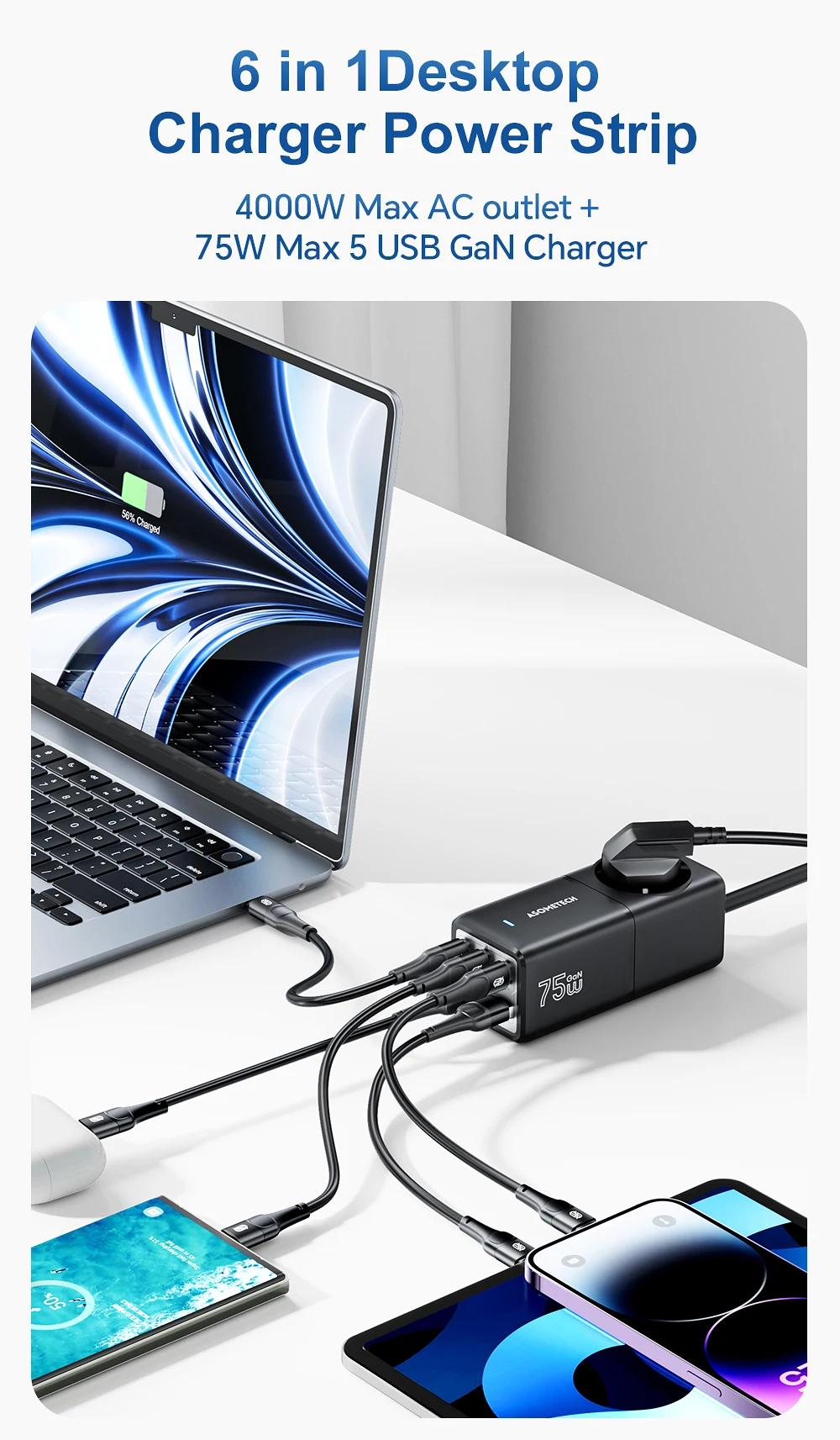 Asome tech 75w gan Desktop-Ladegerät Steckdosen leiste Ladestation 4000w Nennleistung 70w pd Schnell ladegerät für iPhone Samsung Laptop – Detail 3