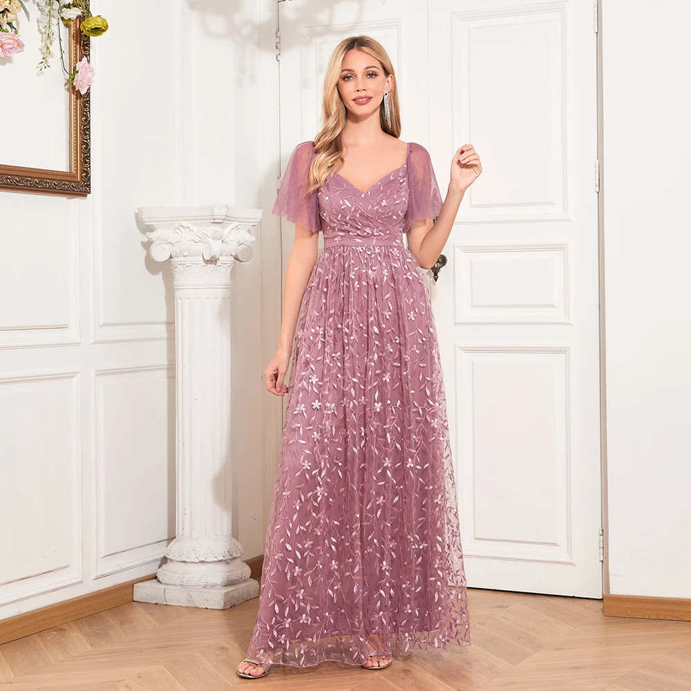 New Women Square Sweetheart neck Short Sleeve Evening Dresses Leaf Embroidery Tulle Long Party Gown Elegant Wedding Party Dress