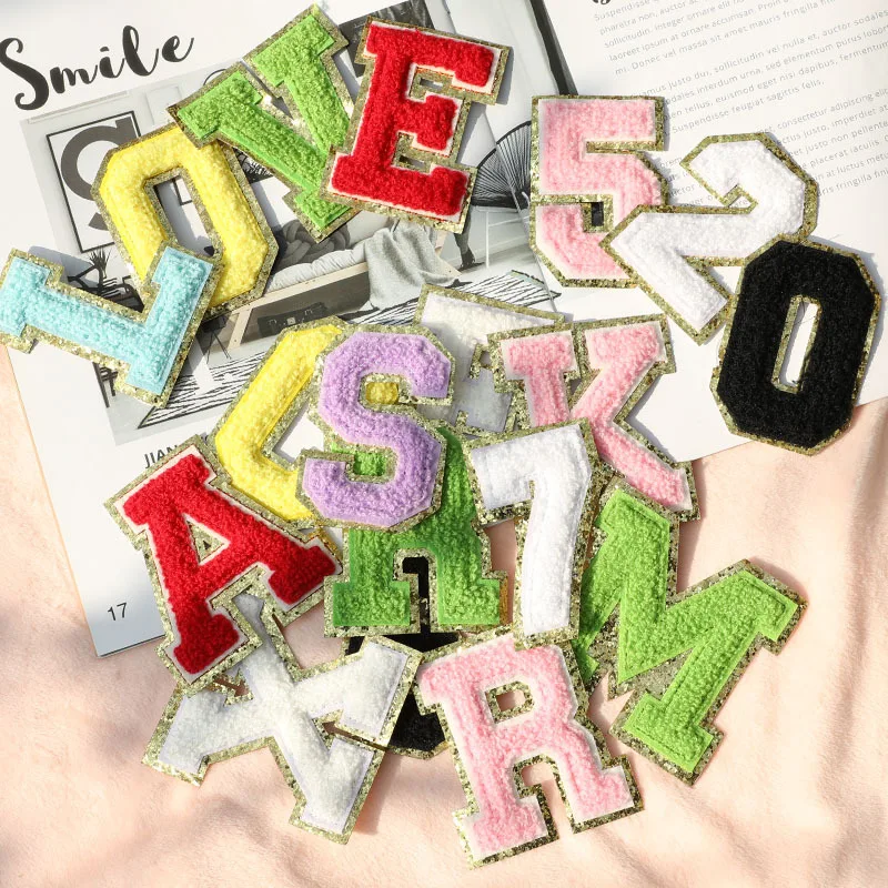 5.5CM Chenille Letter Patches Iron on For Cloth Towel Embroidered Felt Alphabet Sequins Heat-adhesive Applique for DIY Accessory chenille sticker patch