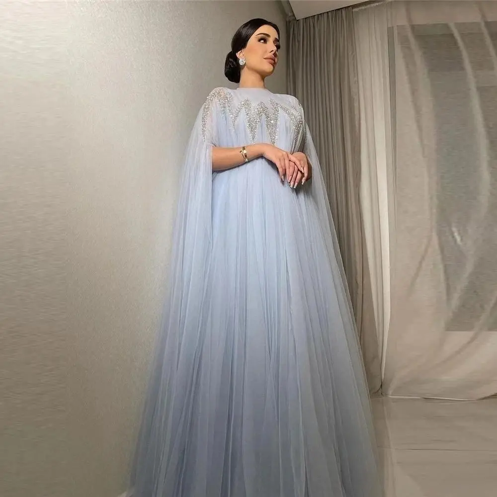 

Fashionvane Dubai Arabic Soft Tulle Evening Dresses O-Neck Beaded Formal Prom Party Gowns Long Sleeves Robe Des Soiree