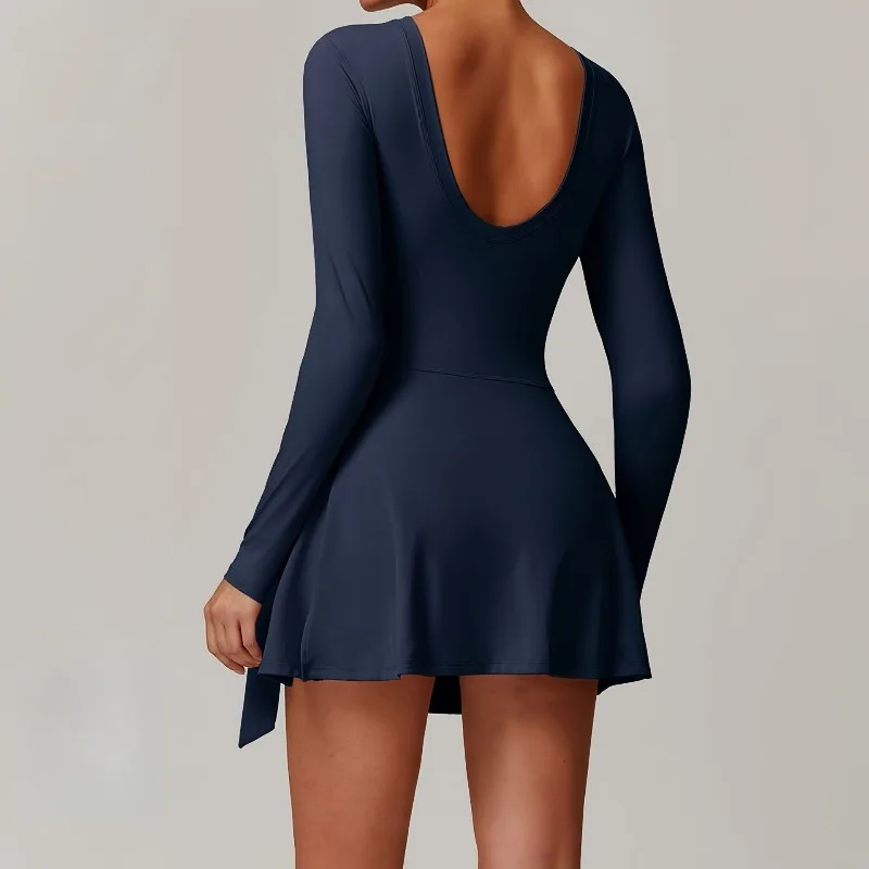 Womens Fake Two Piece Anti-Slip Slimming Sports Yoga Dress Tennis Workout Sexy Back Tie Waist Dress Gym Trainning SportsWear