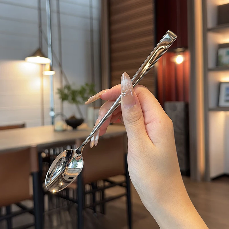 Stainless Steel Korean Long Handle Spoon Tableware Thicken Stirring Ice Spoon Meal Household Dinner
