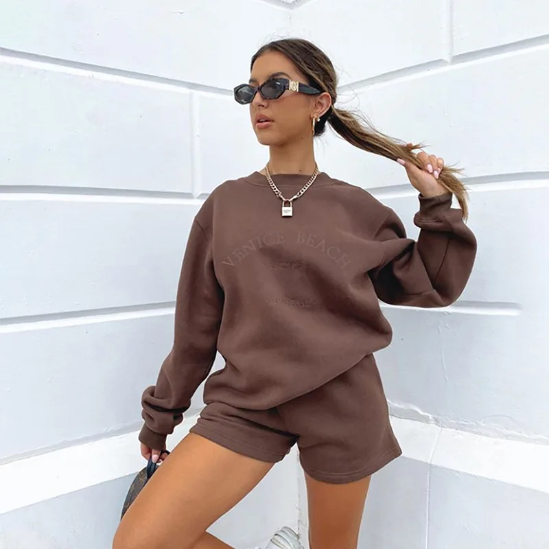2023 Thick Fall Winter Two Piece Set Long Sleeve Jumpsuit for Women Casual Pullover and High Waist Shorts Suit 2 Pieces Warm Set