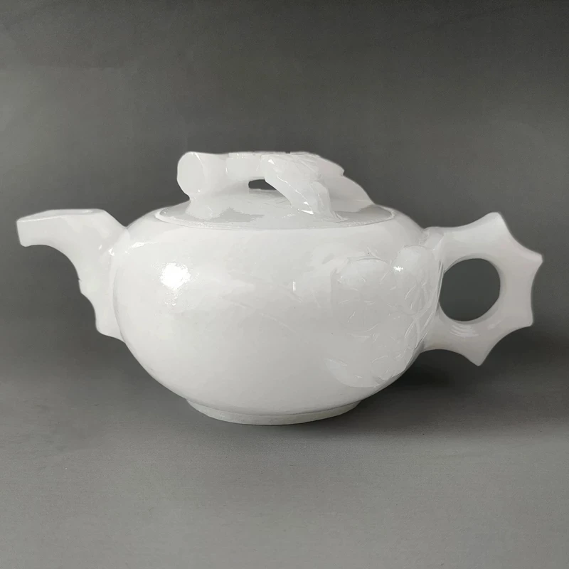 

Collectible 100% Natural Afghanistan white Jade Hand carved Teapot & Lid Flower