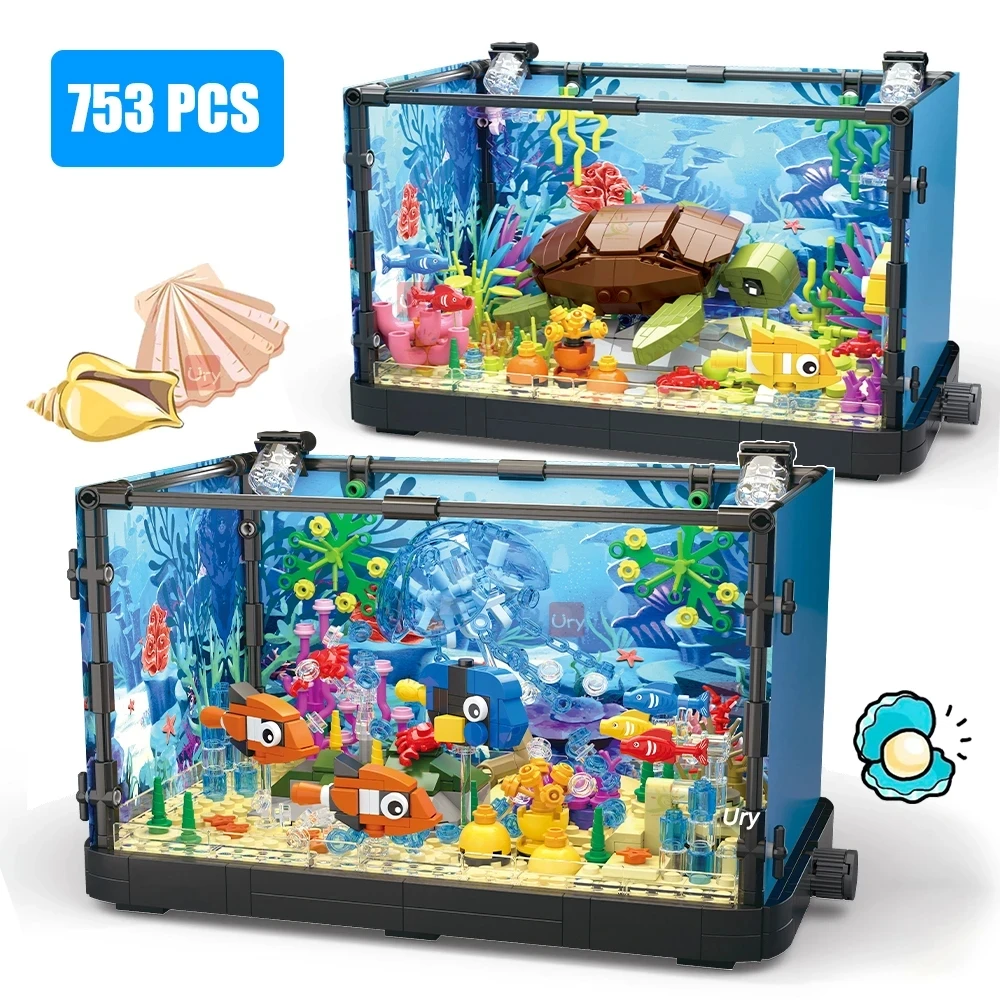 MOC Fishbowl Aquarium Building Blocks Sea Turtle Jellyfish Fish