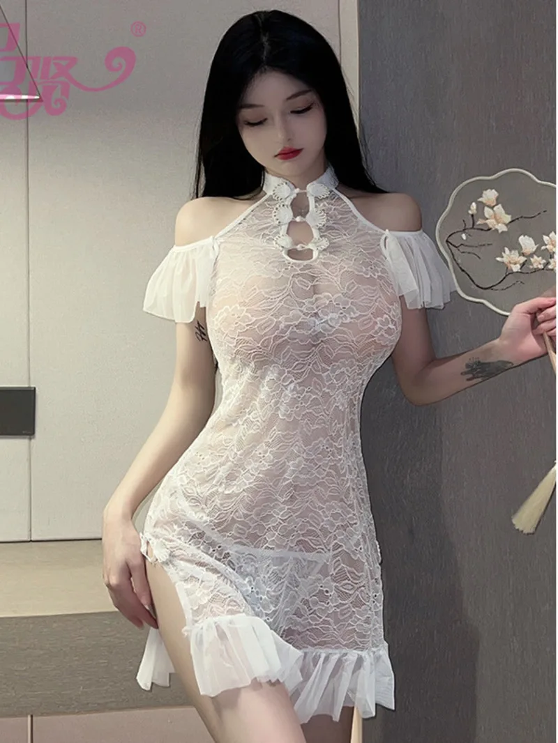 

Сетчатая кружевная Прозрачная женская ажурная форма Qipao в старинном стиле, Прозрачная Кружевная форма для косплея, элегантное соблазнительное модное женское платье Y75Y