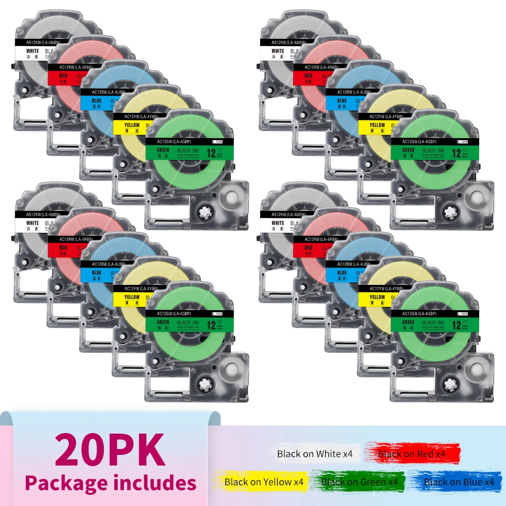 20PK-SS12KW-ST12KW-Tape-12mm-8m-Compatible-for-Epson-Lw400-LK-4WBN ...