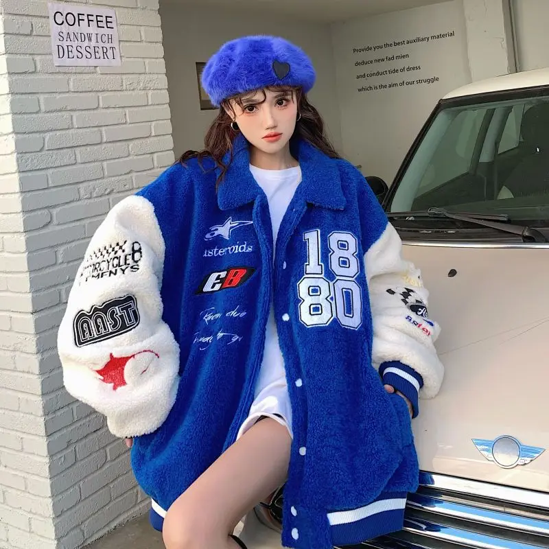 

2022 New Winter Velvet Jacket Men Women Oversize Lambhair Coats Warm Baseball Jerseys Thicker Streetwear American Fashion