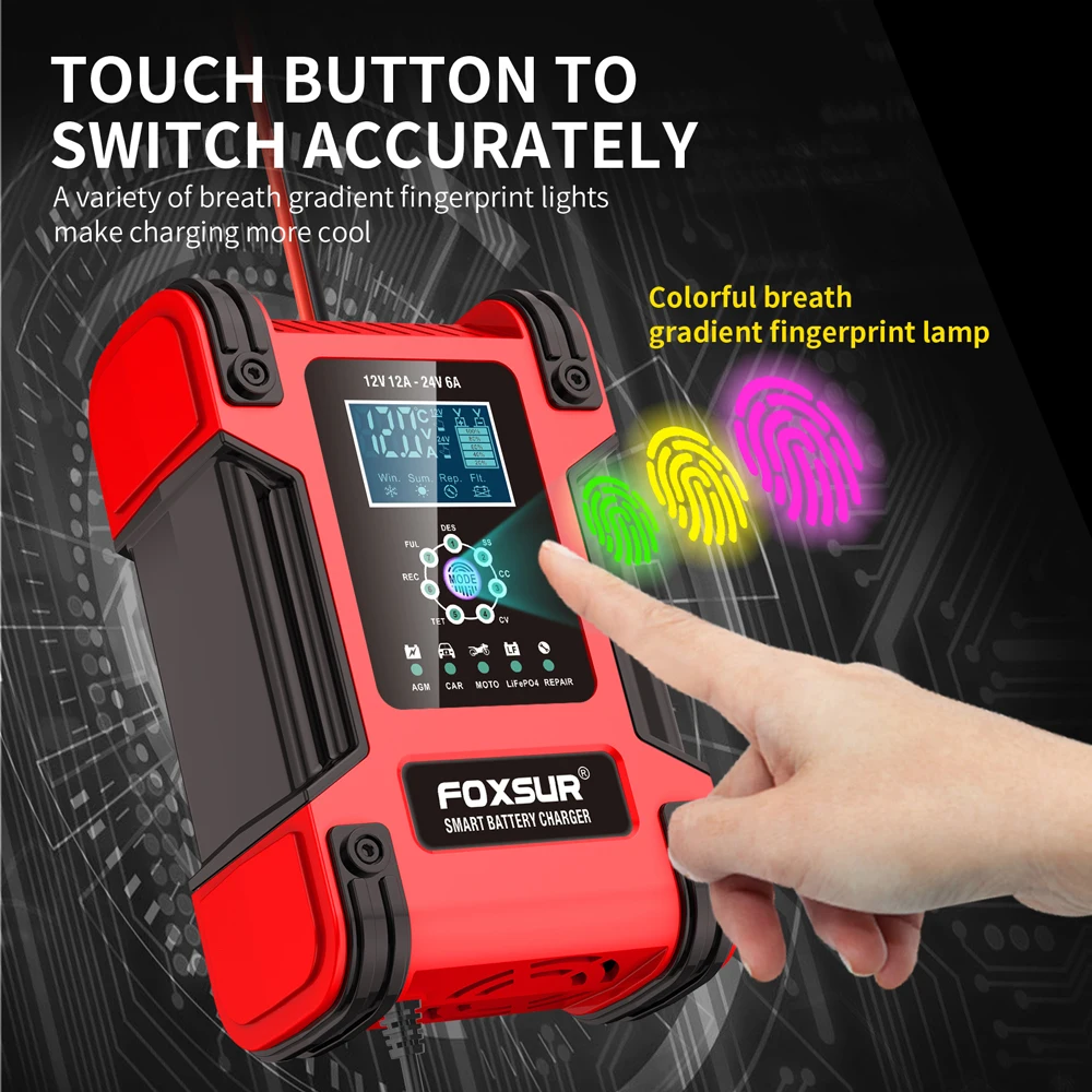 Smart Car Battery Charger 12V 24V LCD Display Motorcycle 7 Stage Automatic Charger AGM Deep Cycle GEL Wet Dry Lead-Acid Charger 4