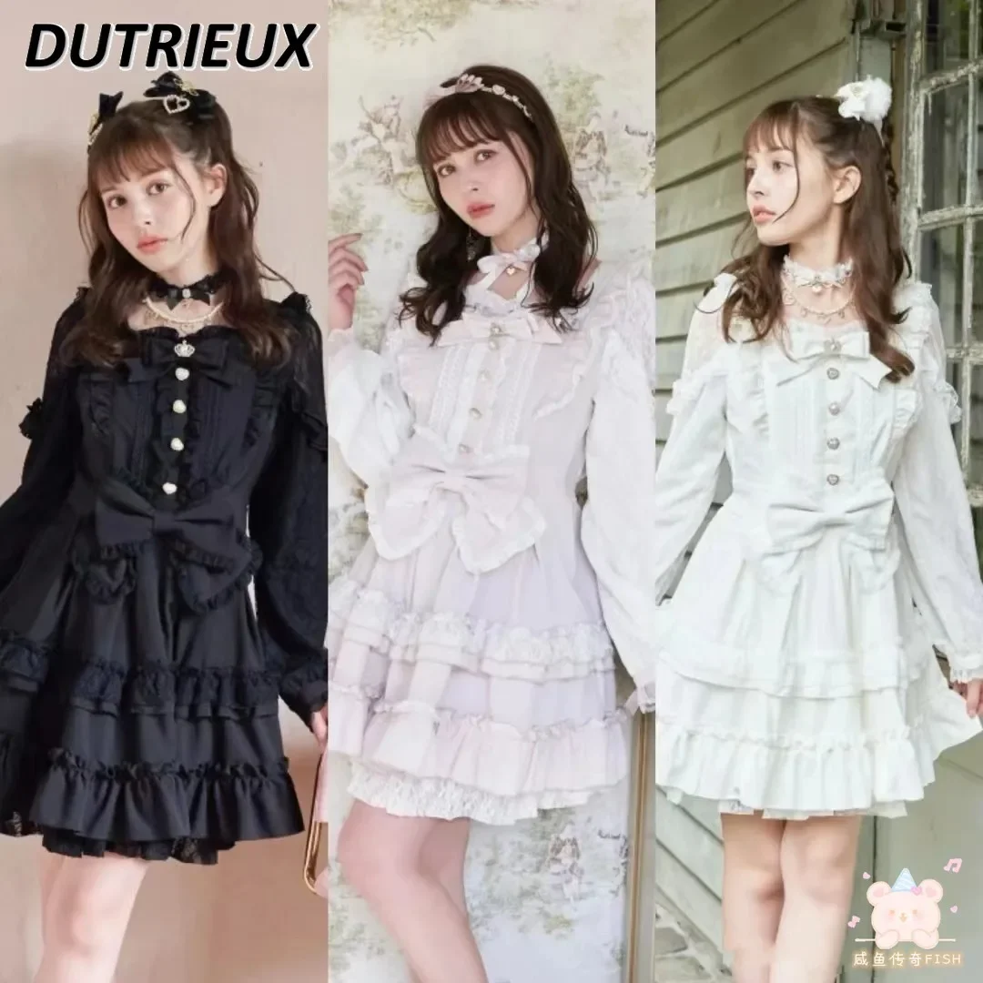 

Spring and Summer New Lace Stitching Bow Long Sleeve Dress Japanese Mass-Produced Sweet Cute Girls Cake Waist-Tight Dresses